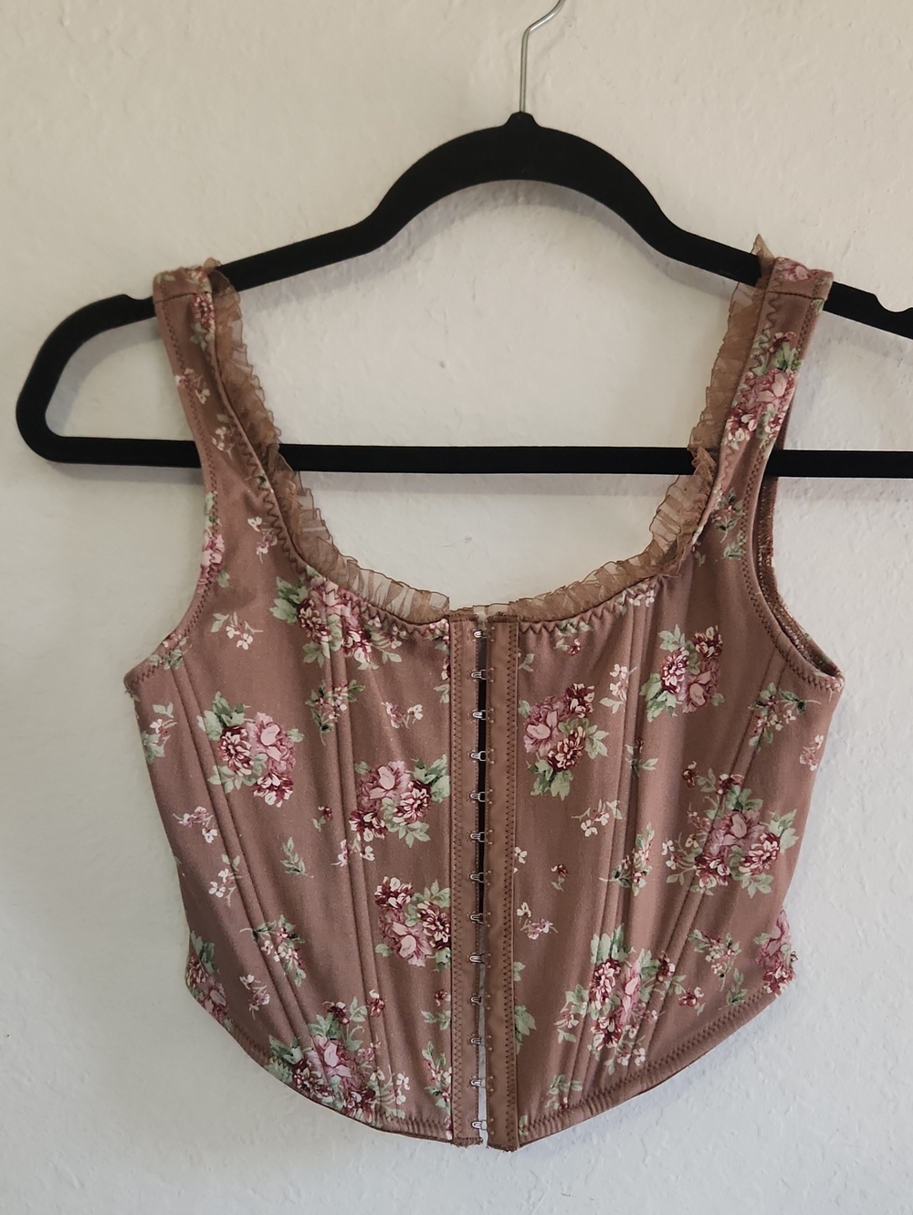 Altar'd State Romantic Coquette Floral Corset Mesh Ruffle Trim Bustier Brown XS
